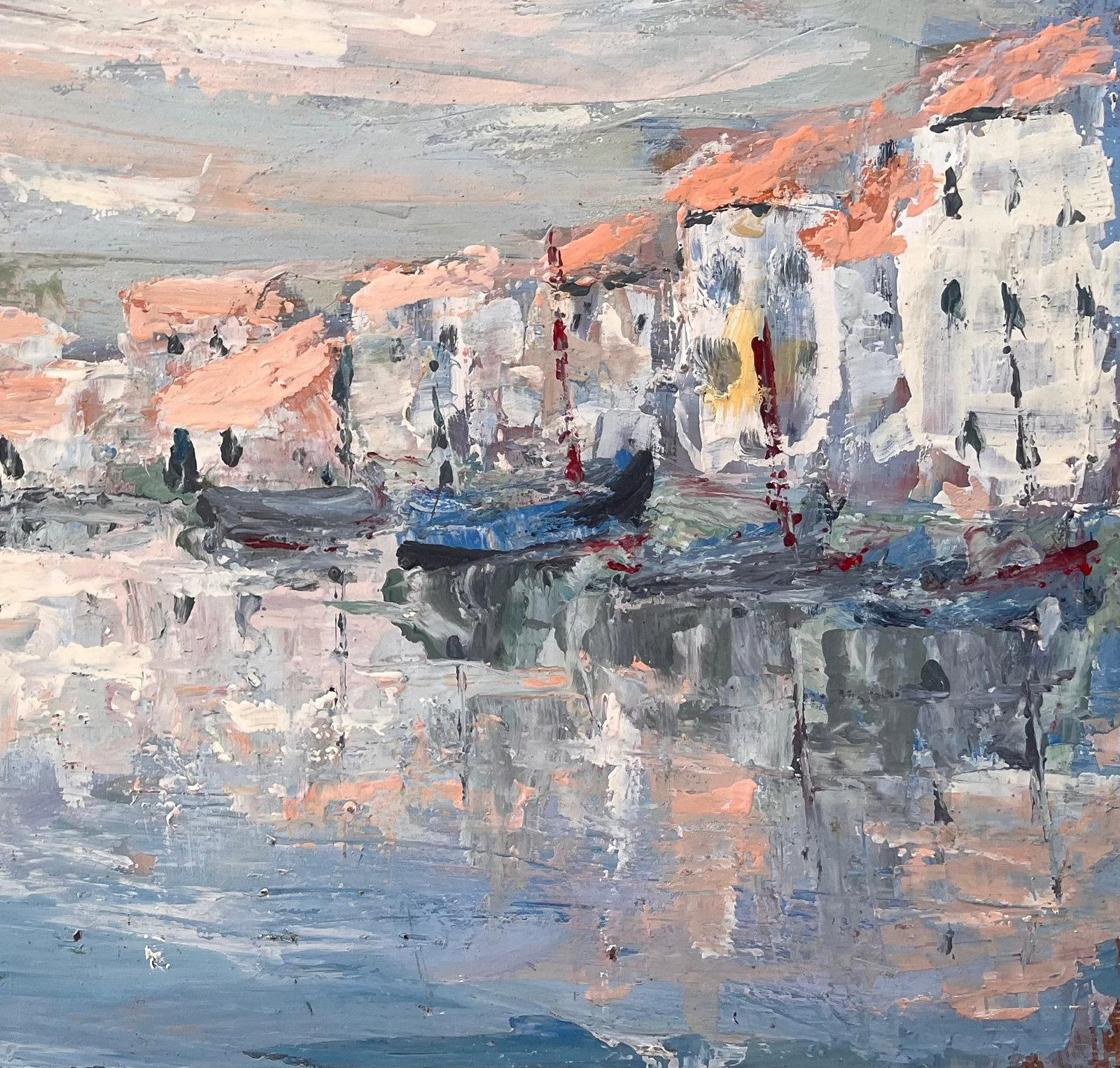 Fanch Lel; French Canal Scene Oil Painting of Whitewashed Buildings Gondolas and Reflection - 7