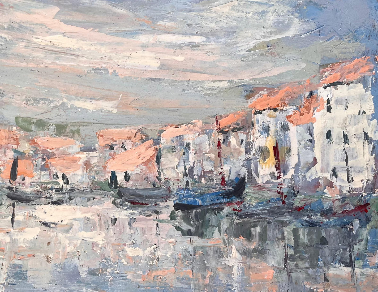 Fanch Lel; French Canal Scene Oil Painting of Whitewashed Buildings Gondolas and Reflection - 10