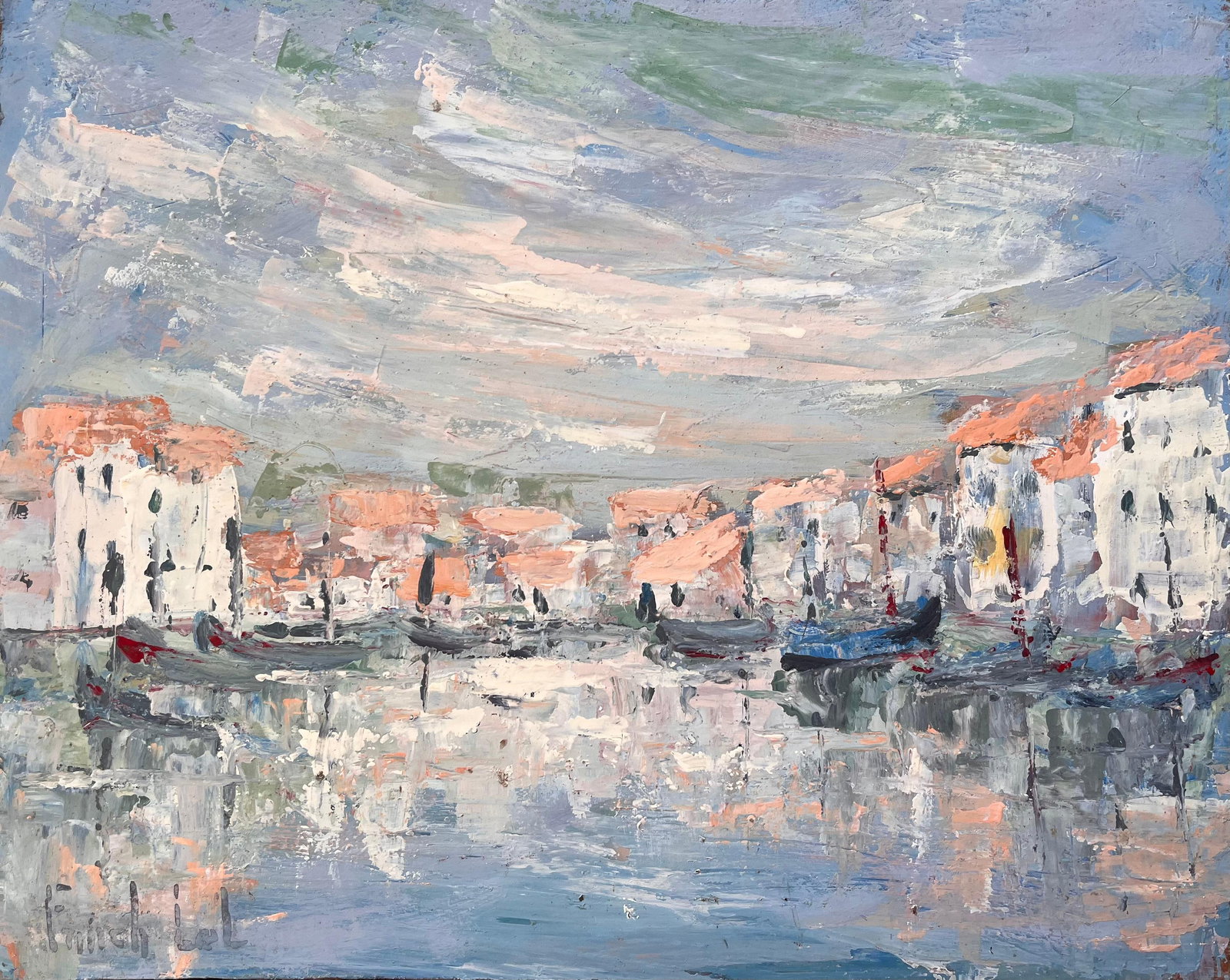 Fanch Lel; French Canal Scene Oil Painting of Whitewashed Buildings Gondolas and Reflection: Title: Fanch Lel; French Canal Scene Oil Painting of Whitewashed Buildings Gondolas and Reflection Description: Title: Impressionist Castle on Lake at Sunset with Reflections and Soft Pastel Sky By