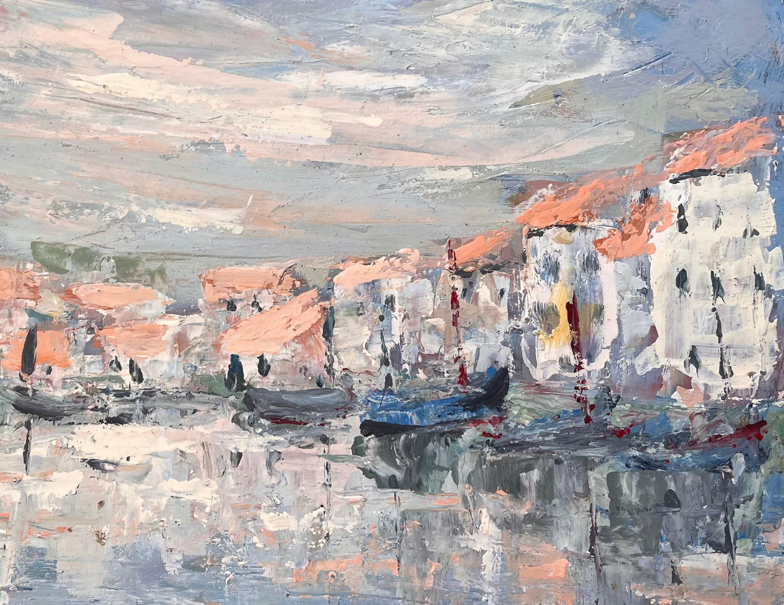 Fanch Lel; French Canal Scene Oil Painting of Whitewashed Buildings Gondolas and Reflection - 2