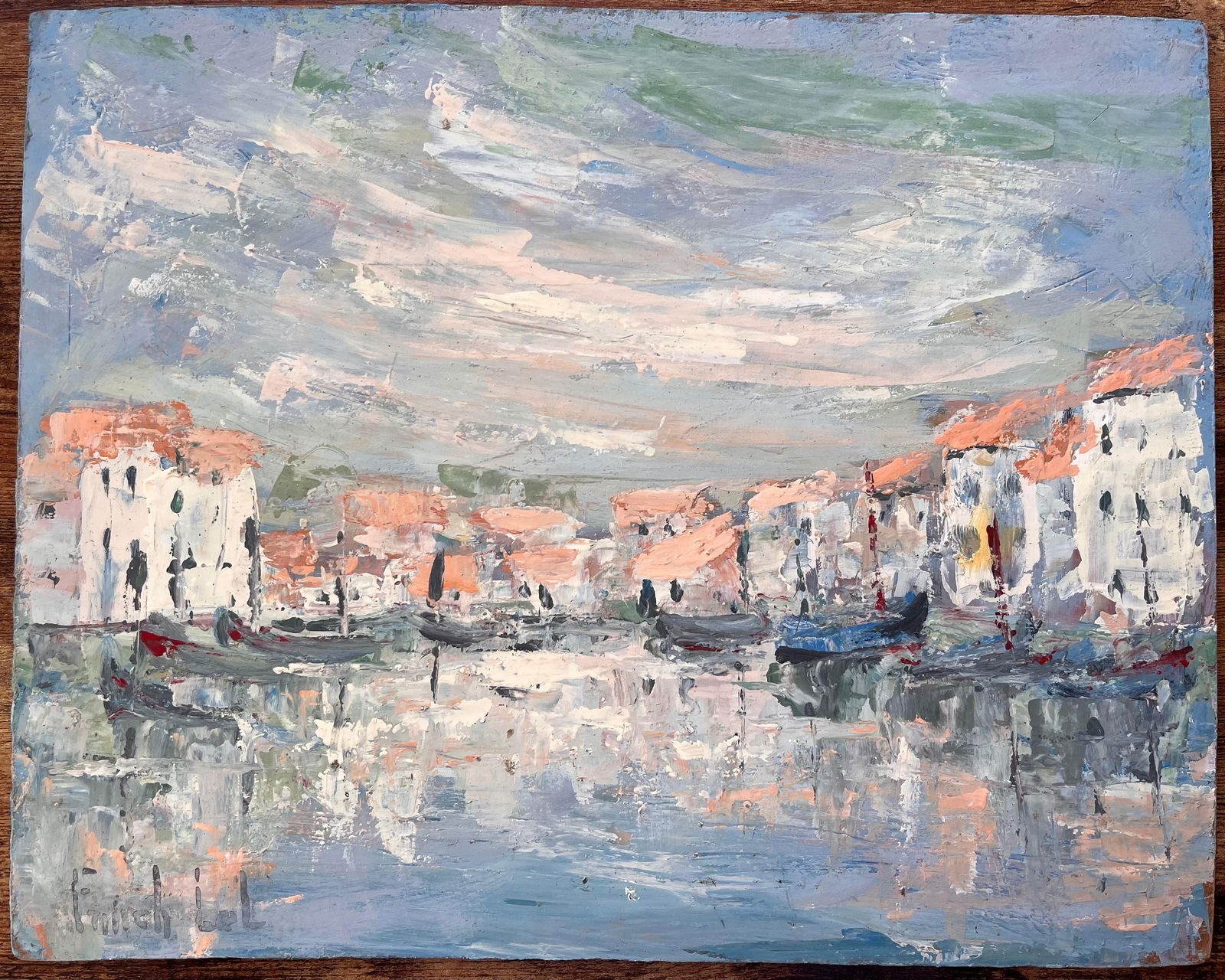 Fanch Lel; French Canal Scene Oil Painting of Whitewashed Buildings Gondolas and Reflection - 5