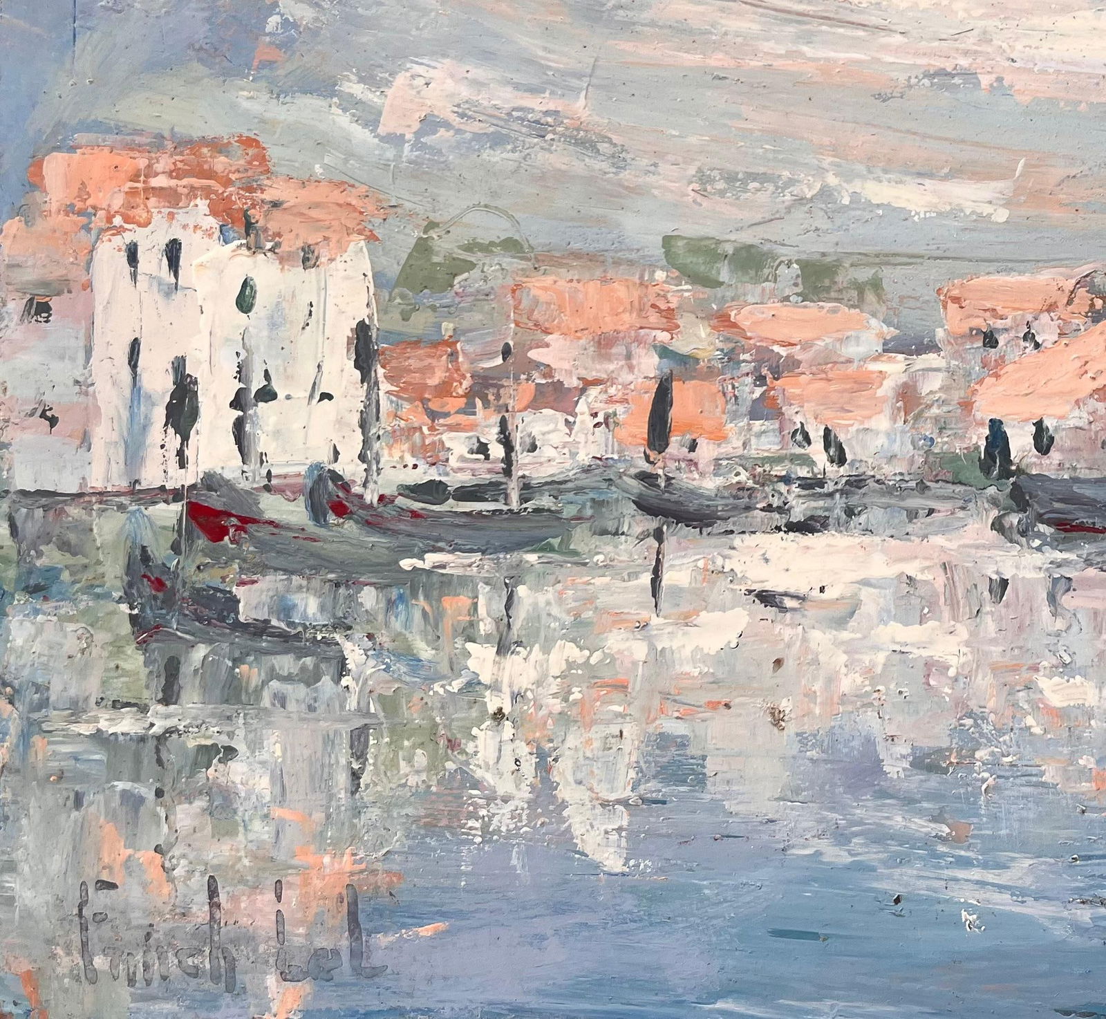 Fanch Lel; French Canal Scene Oil Painting of Whitewashed Buildings Gondolas and Reflection - 6