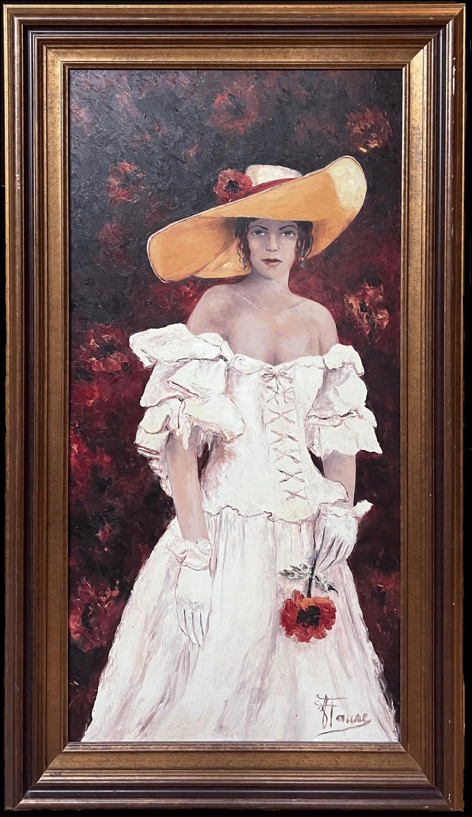 Annie Faure; 20th Century French Oil Painting Elegant Lady in Hat with Flower Large Canvas - 5