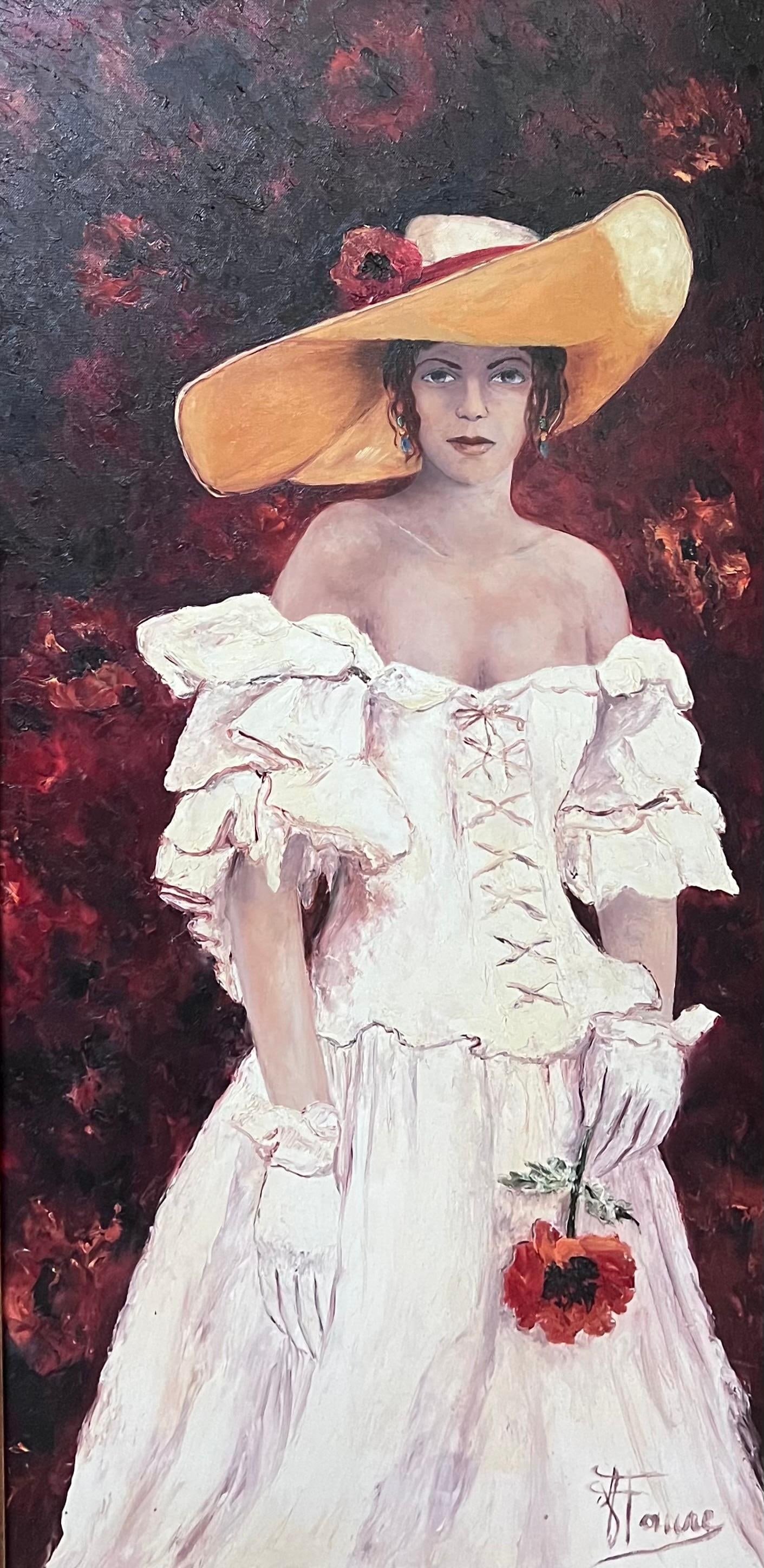 Annie Faure; 20th Century French Oil Painting Elegant Lady in Hat with Flower Large Canvas - 6