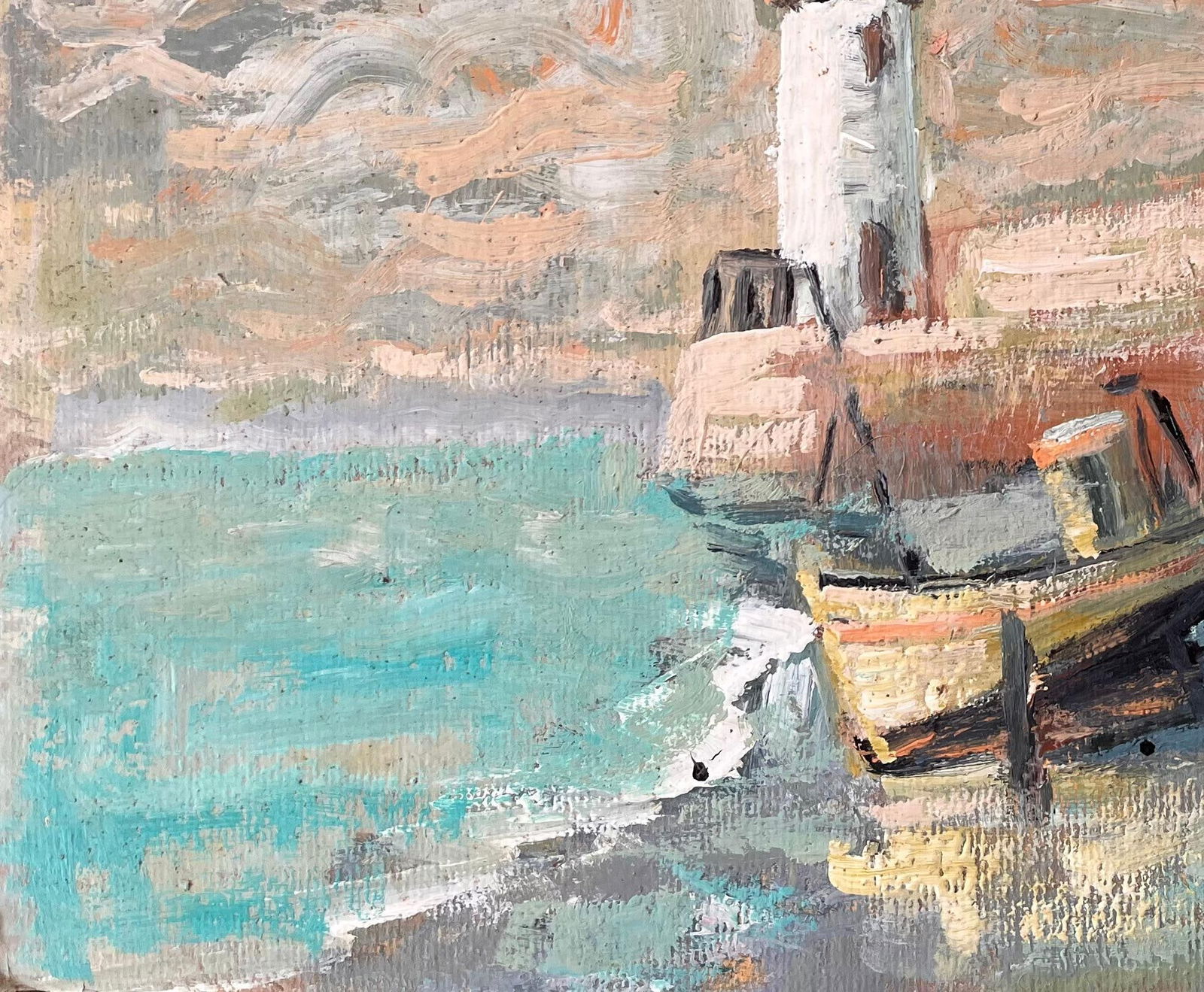 Fanch Lel; Impressionist Lighthouse Scene with Beached Fishing Boats and Dramatic Sky - 7