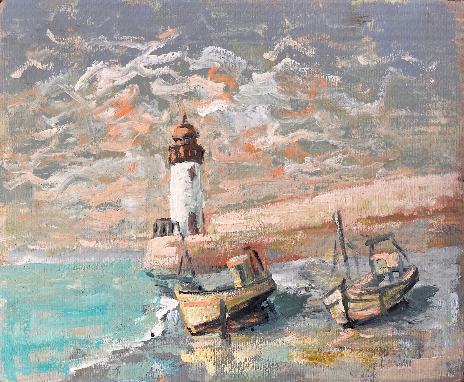 Fanch Lel; Impressionist Lighthouse Scene with Beached Fishing Boats and Dramatic Sky - 12