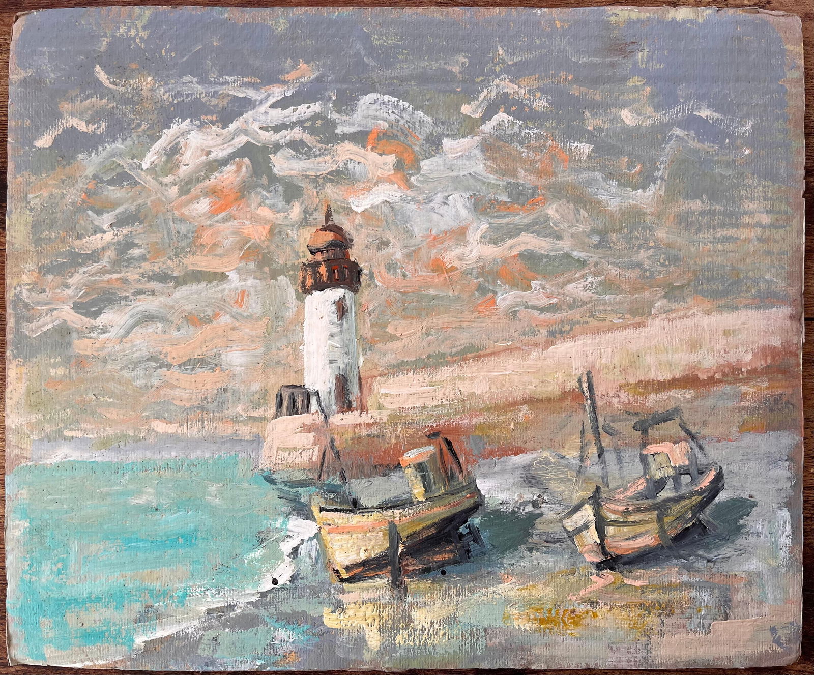 Fanch Lel; Impressionist Lighthouse Scene with Beached Fishing Boats and Dramatic Sky - 13