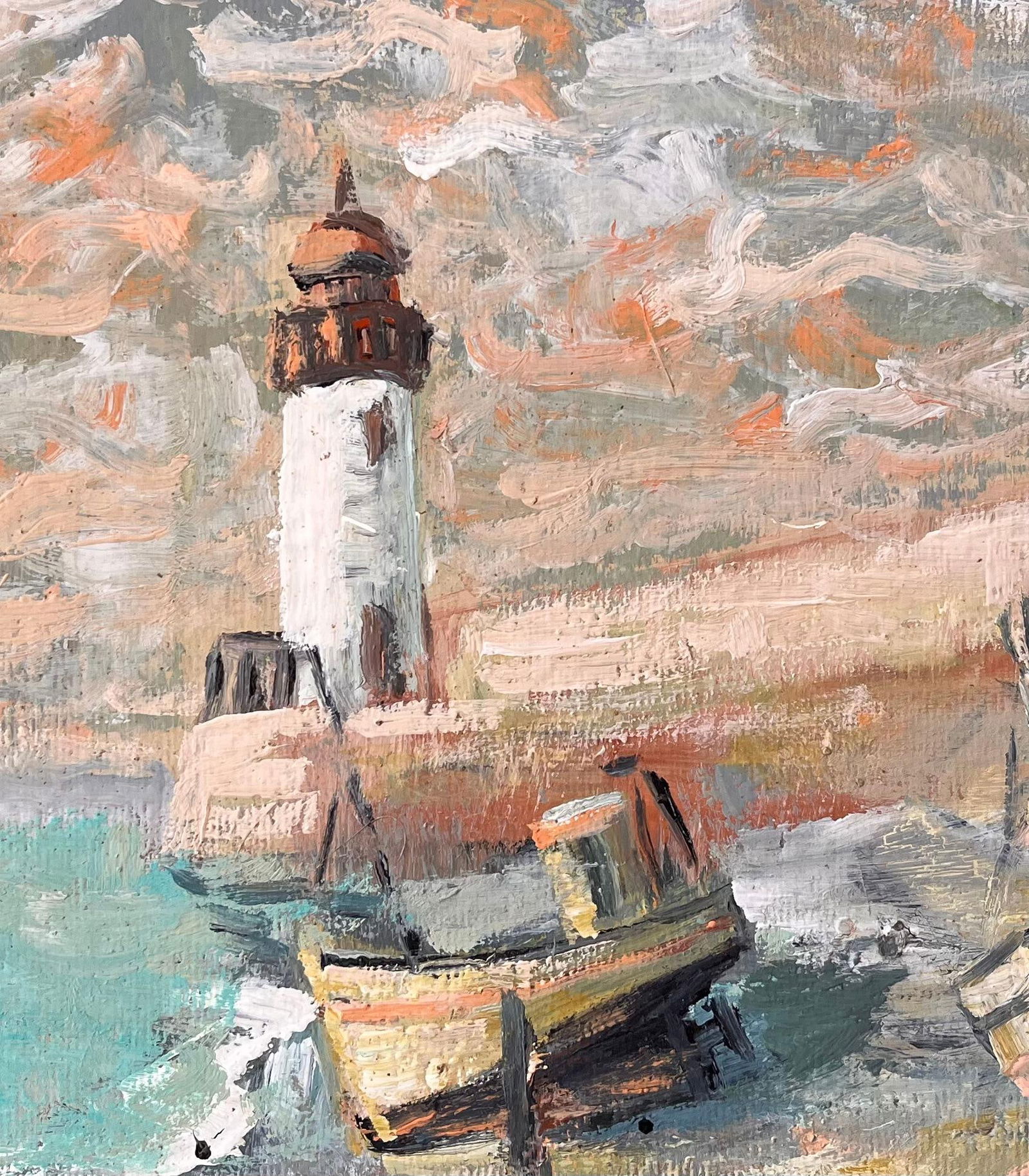 Fanch Lel; Impressionist Lighthouse Scene with Beached Fishing Boats and Dramatic Sky - 2