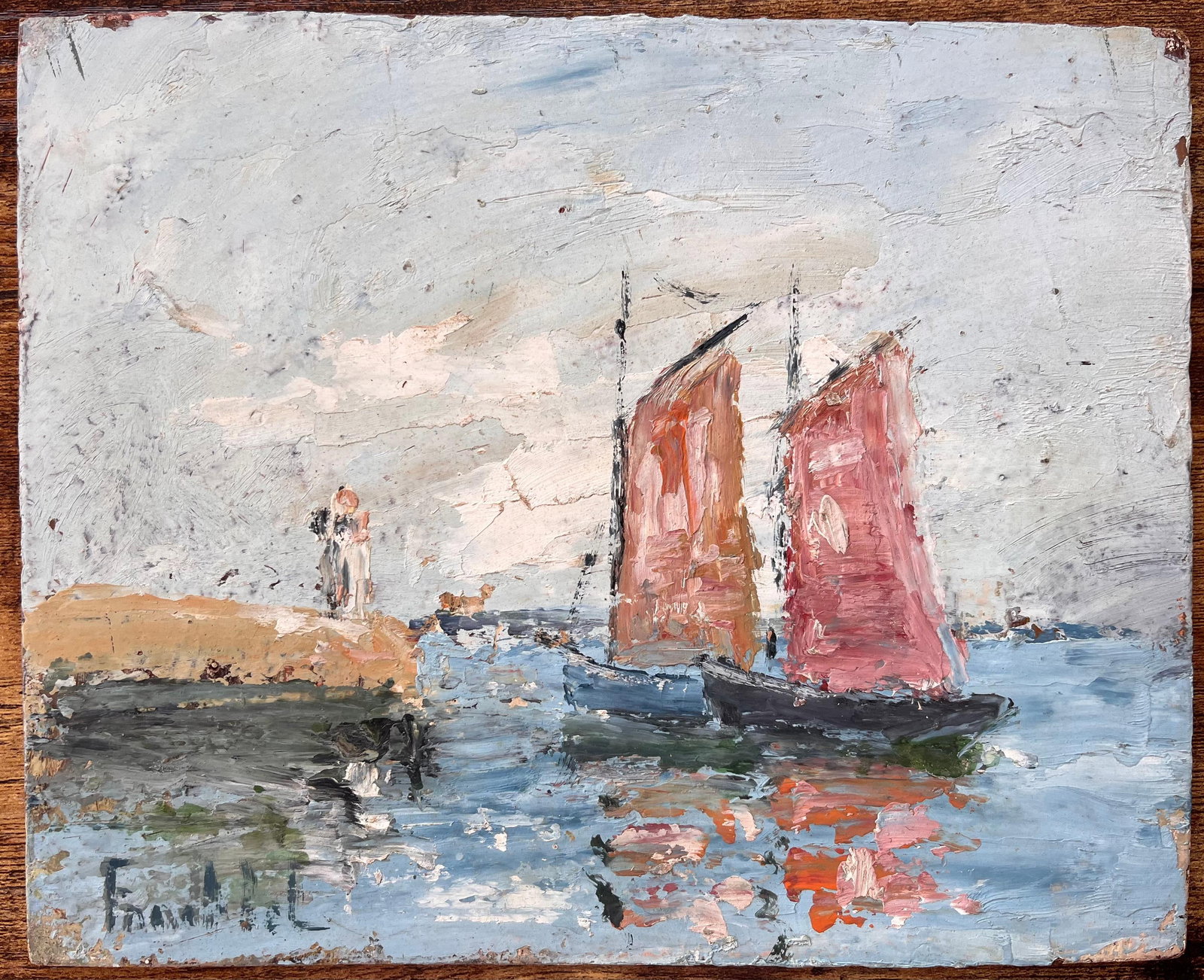 Fanch Lel; French Impressionist Seascape with Red Sailed Boats and Lighthouse - 16