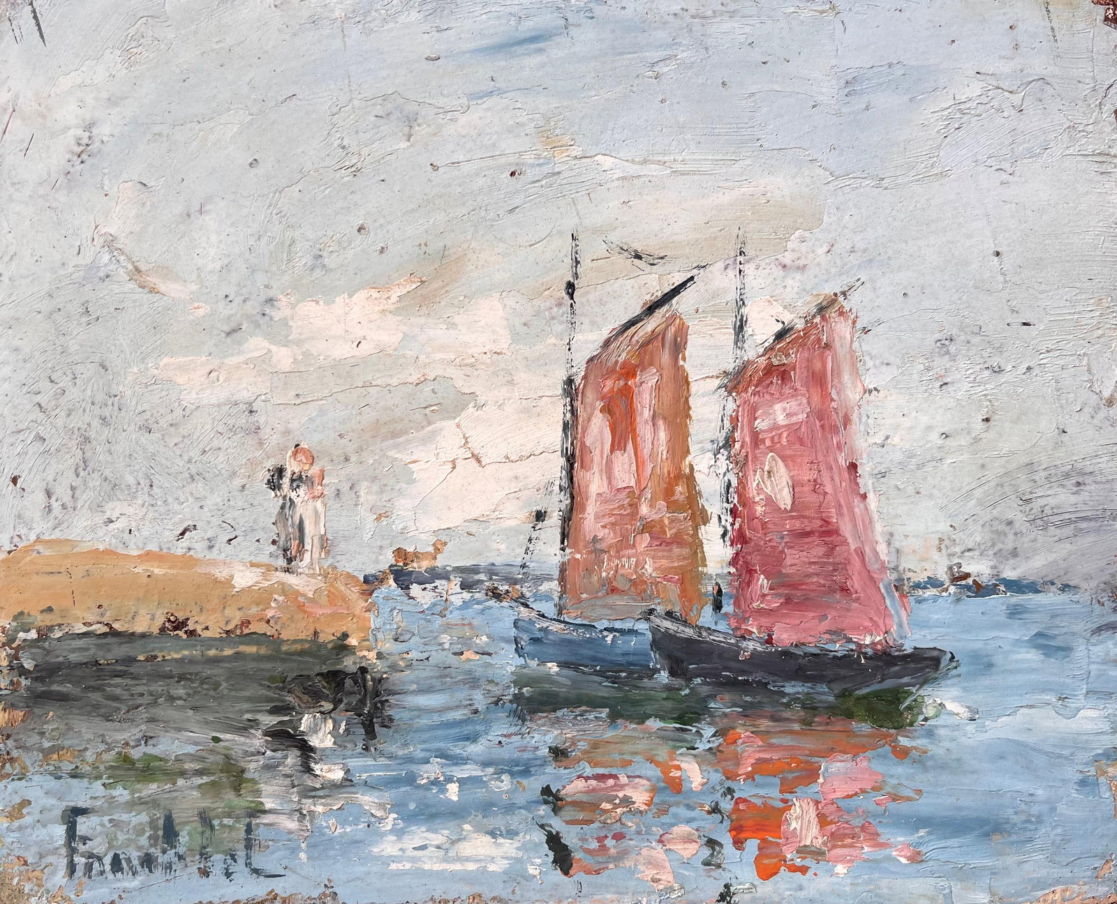 Fanch Lel; French Impressionist Seascape with Red Sailed Boats and Lighthouse (1 of 20)