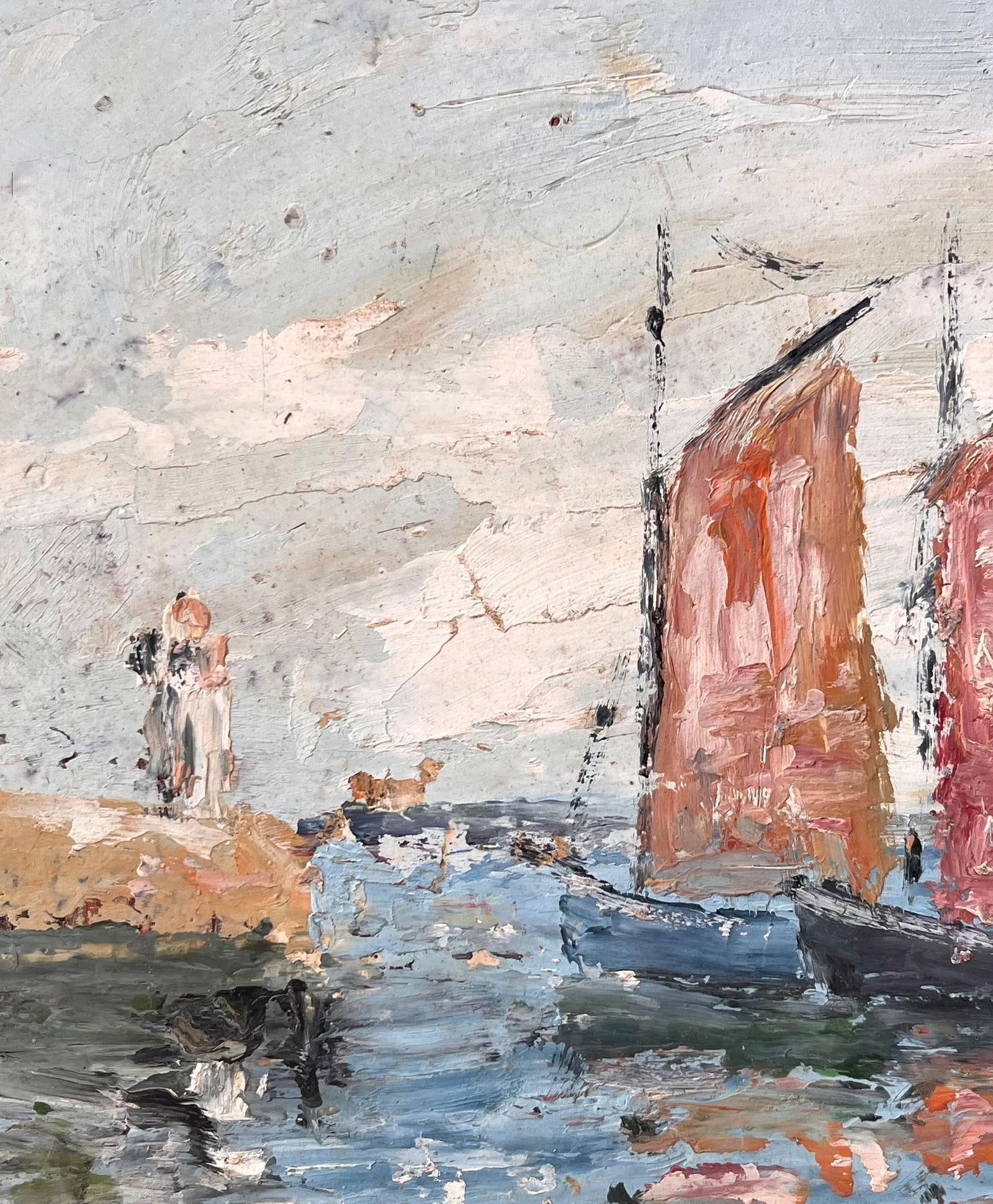 Fanch Lel; French Impressionist Seascape with Red Sailed Boats and Lighthouse - 5