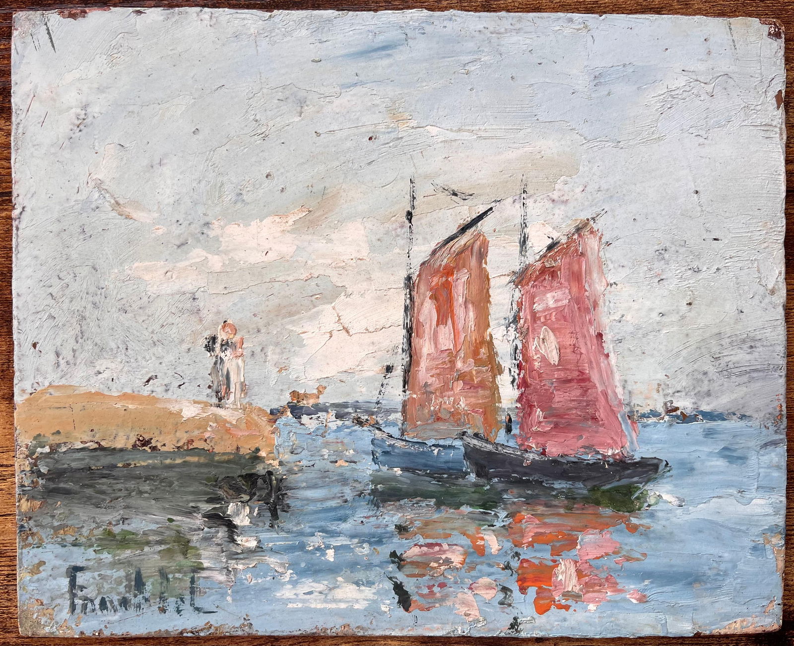 Fanch Lel; French Impressionist Seascape with Red Sailed Boats and Lighthouse - 8