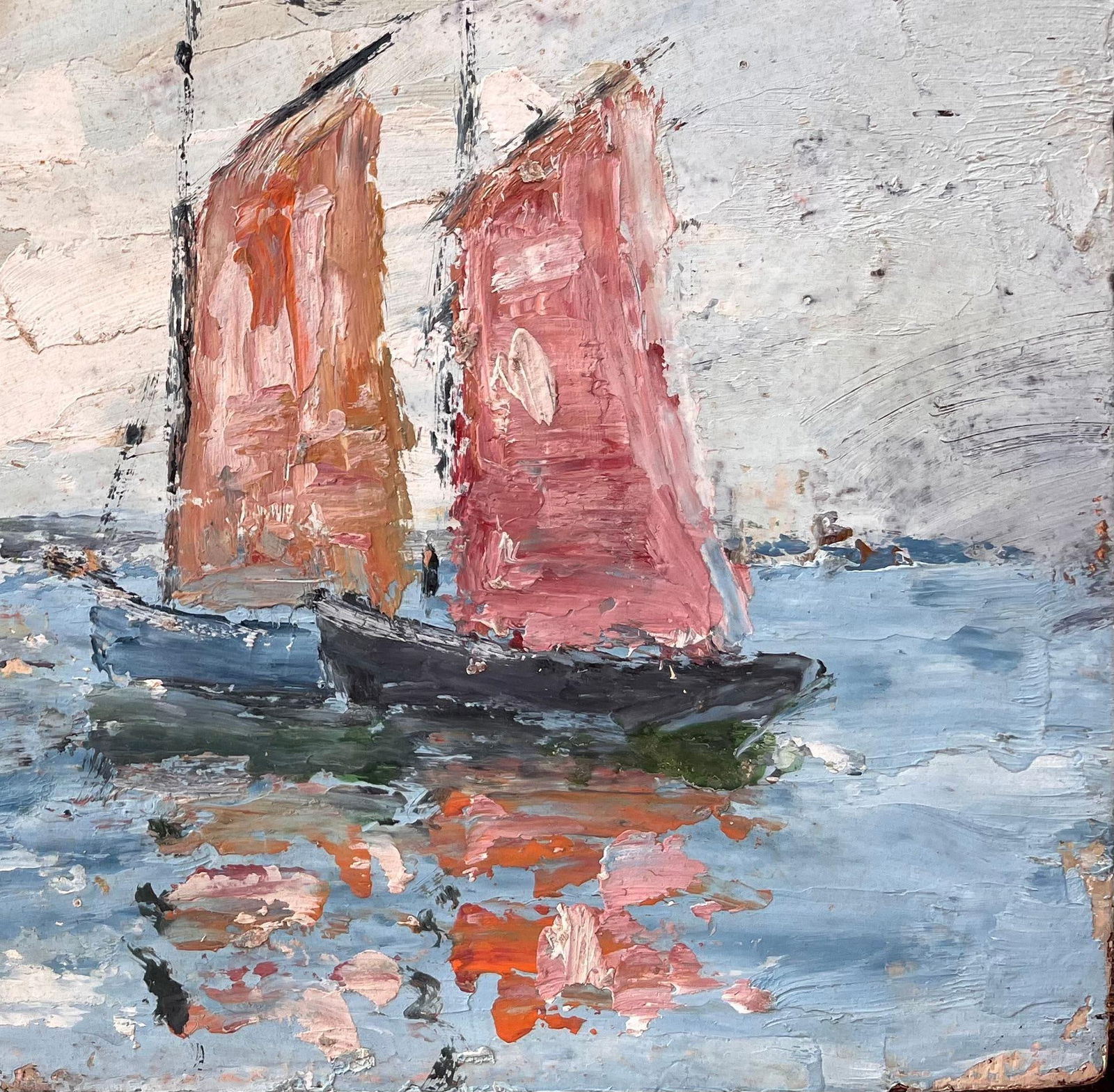 Fanch Lel; French Impressionist Seascape with Red Sailed Boats and Lighthouse - 9