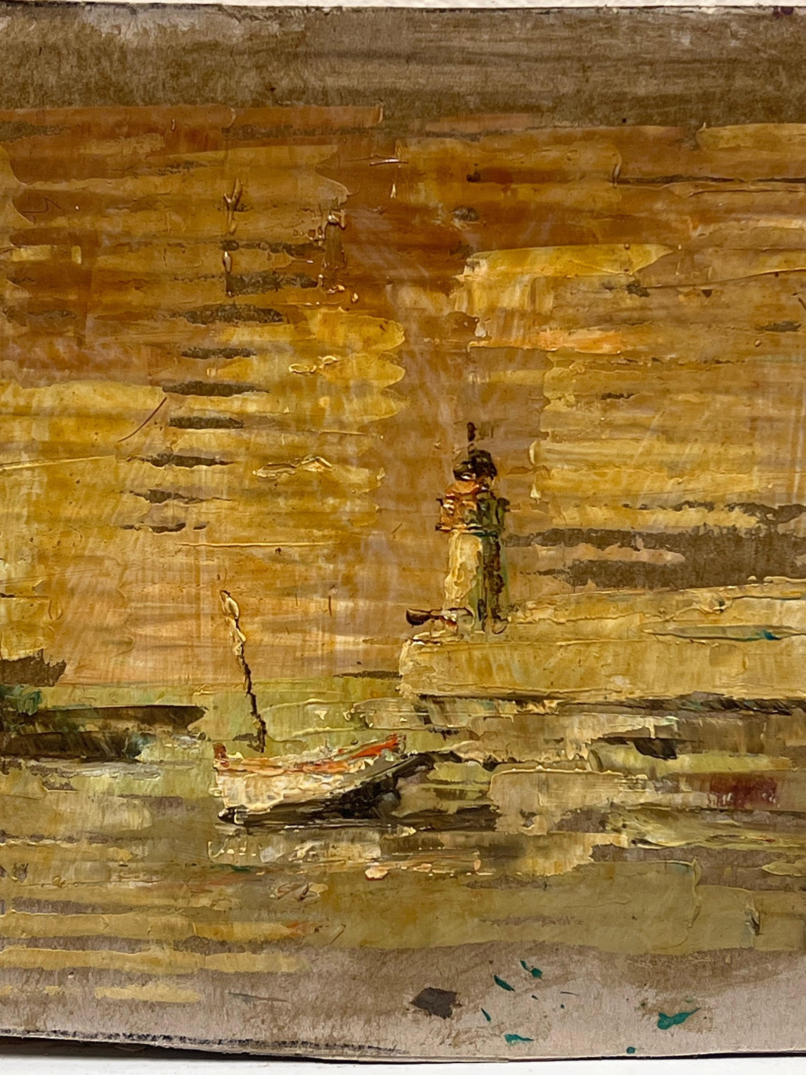 Fanch Lel; French Impressionist Boat In Still Shore in the Lighthouse Golden Sunset Oil, 2000 - 19