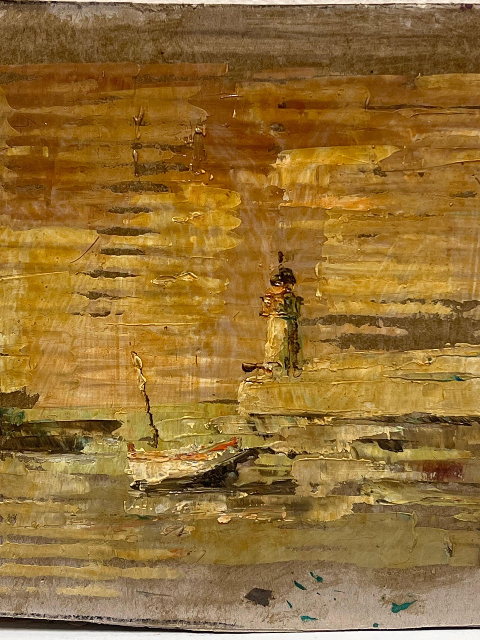 Fanch Lel; French Impressionist Boat In Still Shore in the Lighthouse Golden Sunset Oil, 2000 - 5