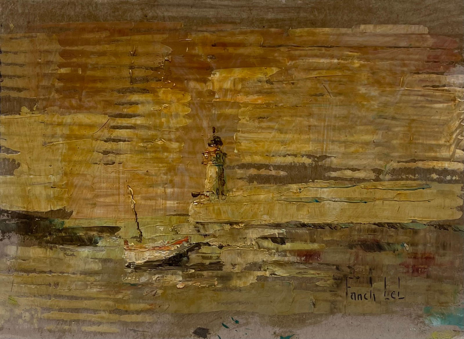 Fanch Lel; French Impressionist Boat In Still Shore in the Lighthouse Golden Sunset Oil, 2000 - 7