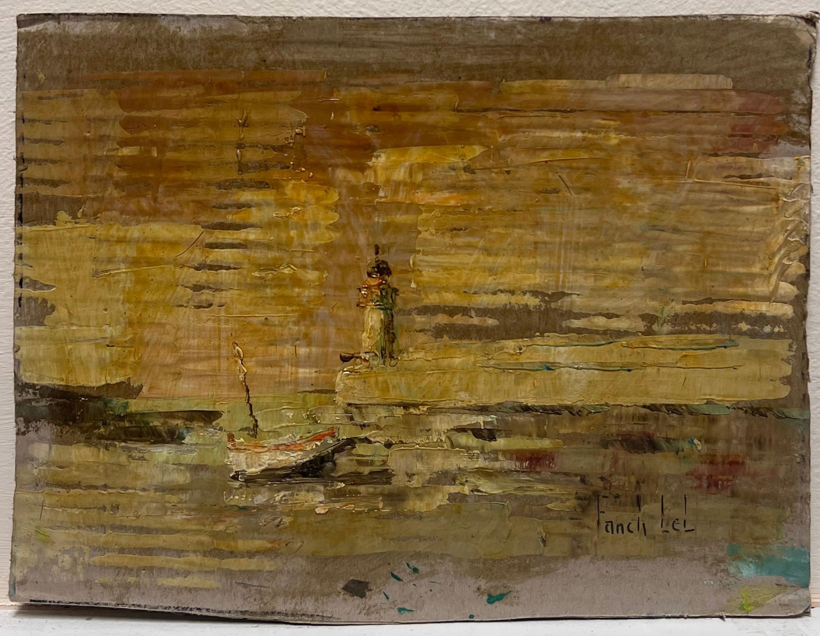 Fanch Lel; French Impressionist Boat In Still Shore in the Lighthouse Golden Sunset Oil, 2000 - 8