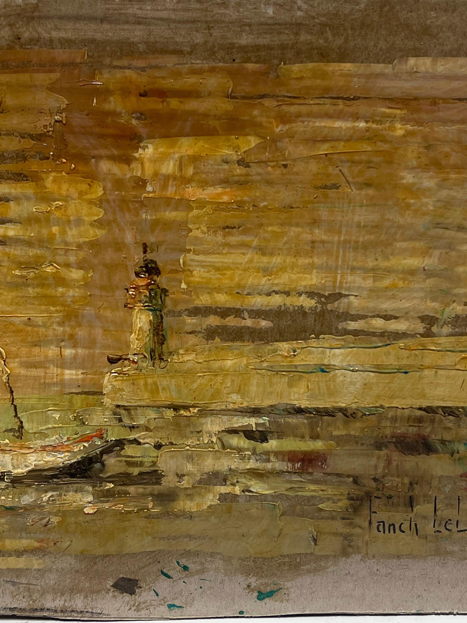 Fanch Lel; French Impressionist Boat In Still Shore in the Lighthouse Golden Sunset Oil, 2000 - 9