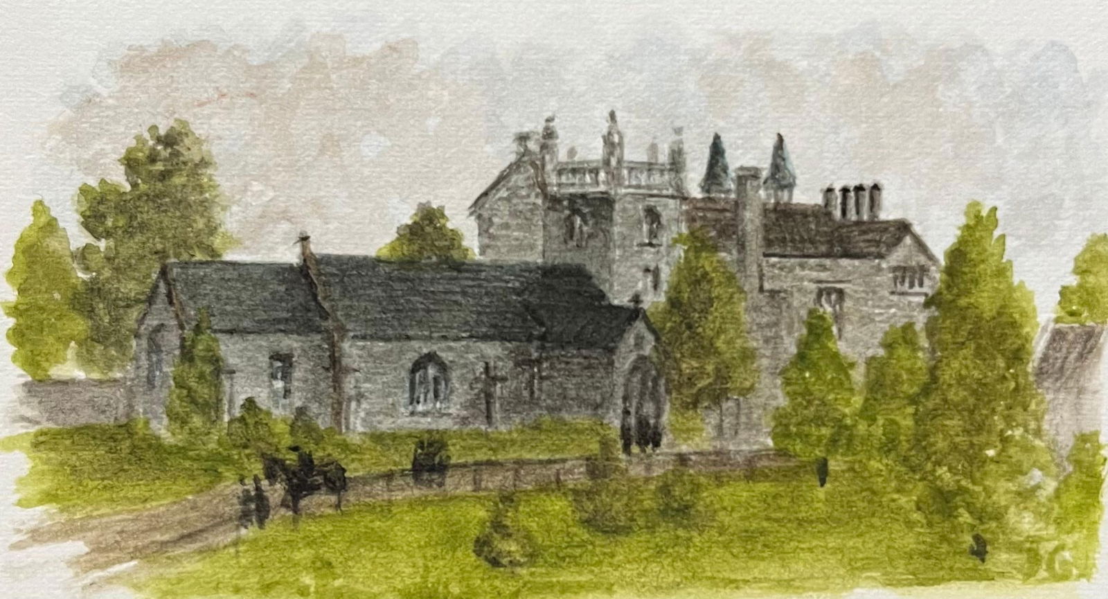 Jack Grunwell; Historic Miniature Watercolor of Hanham Court and St. George’s Church - 2