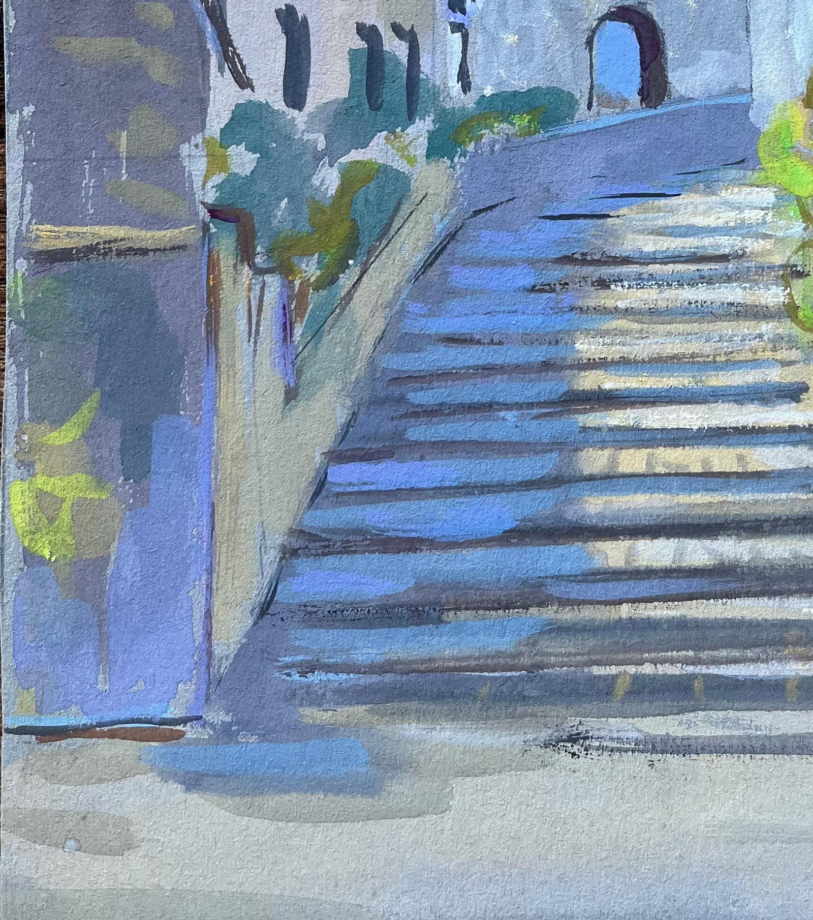 Fanch Lel; French Gouache Street Scene of Sunlit Stone Steps and Tower, 1994 - 19