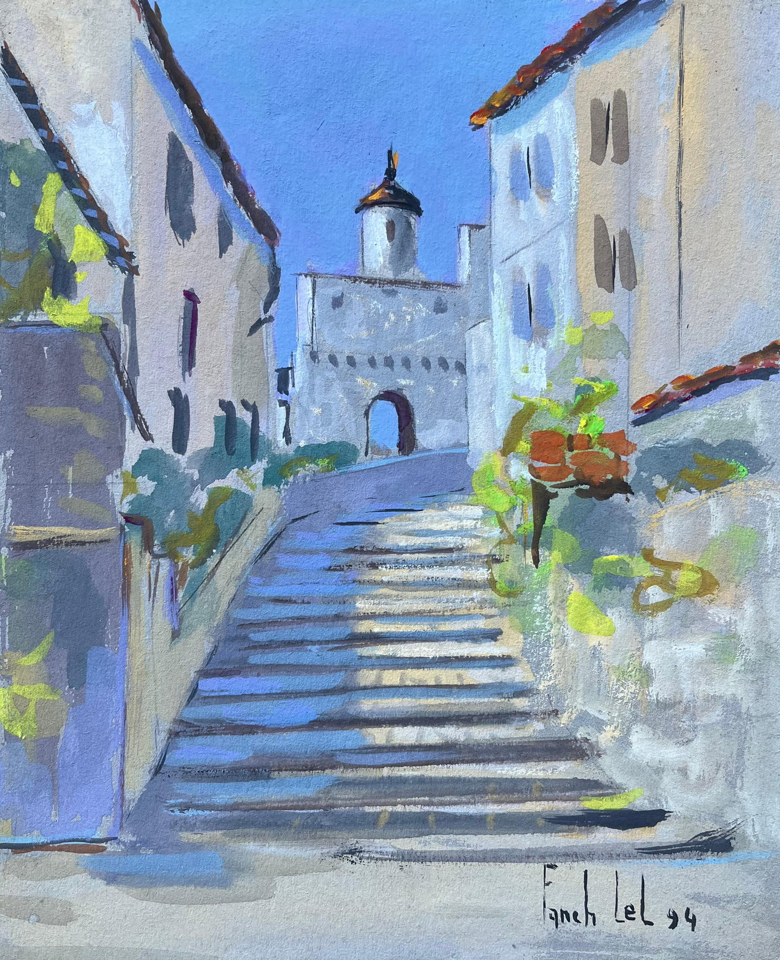 Fanch Lel; French Gouache Street Scene of Sunlit Stone Steps and Tower, 1994: Title: Fanch Lel; French Gouache Street Scene of Sunlit Stone Steps and Tower, 1994 Description: Title: French Impressionist Oil Painting of Boats and Harbour Tower by Fanche Lel Signed: Yes Size: 9.5