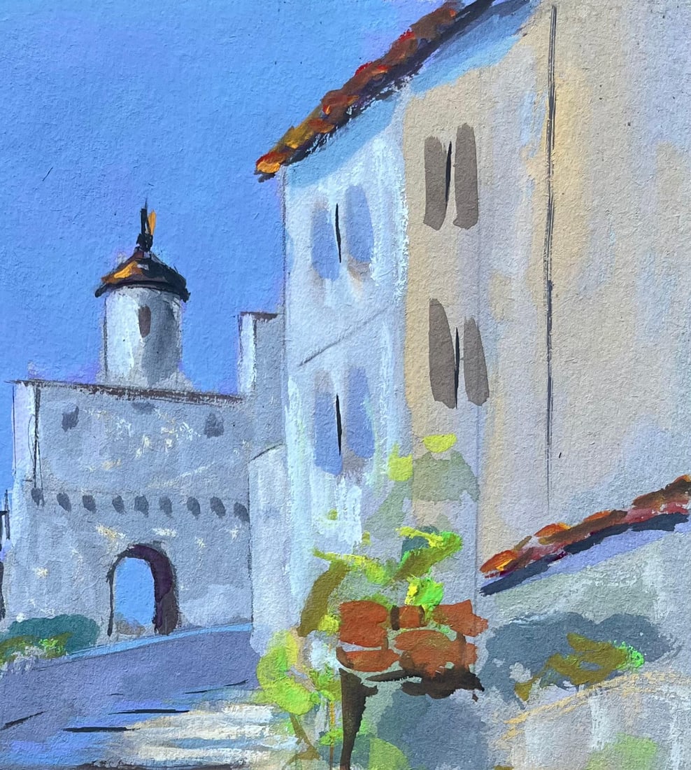 Fanch Lel; French Gouache Street Scene of Sunlit Stone Steps and Tower, 1994 - 3
