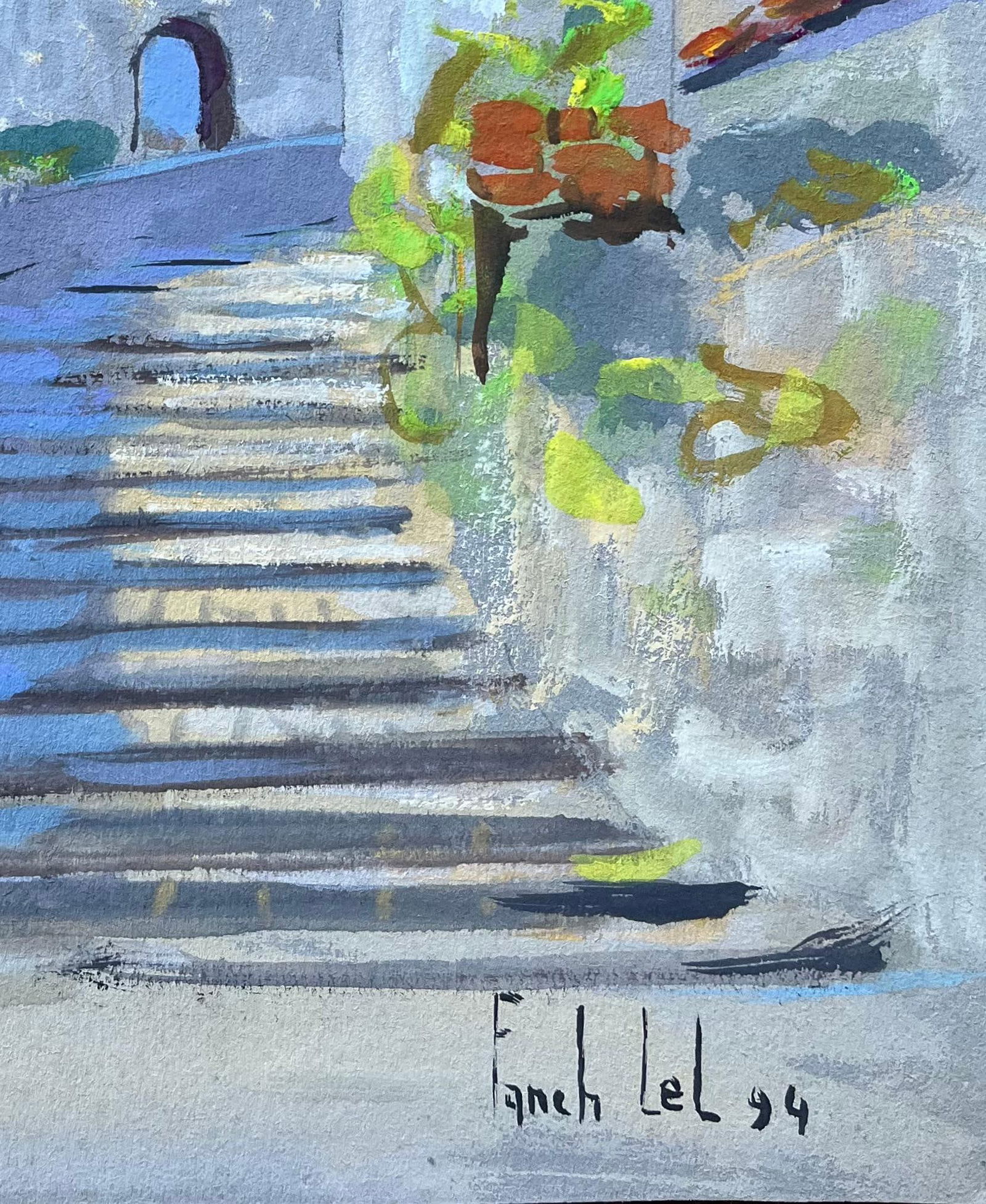 Fanch Lel; French Gouache Street Scene of Sunlit Stone Steps and Tower, 1994 - 4