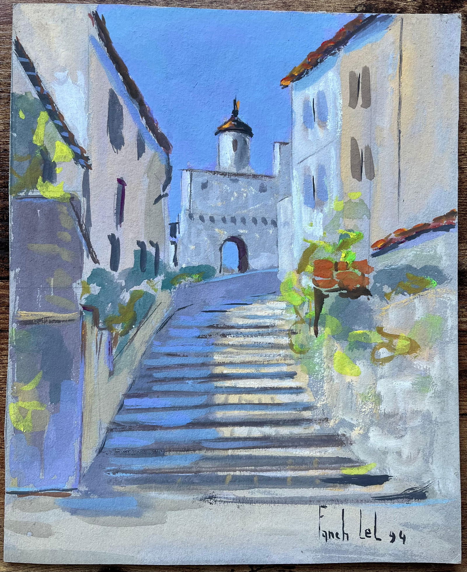 Fanch Lel; French Gouache Street Scene of Sunlit Stone Steps and Tower, 1994 - 9