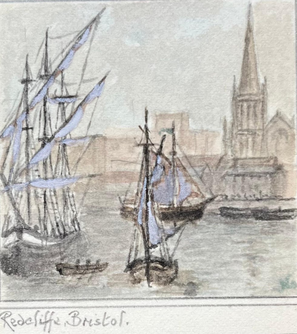 Jack Grunwell; Redcliffe Bristol Historic Maritime Watercolor Sailing Ships River Scene: Title: Jack Grunwell; Redcliffe Bristol Historic Maritime Watercolor Sailing Ships River Scene Description: Title: Clifton Suspension Bridge and Bristol Cathedral Historic Miniature Watercolor by Jack