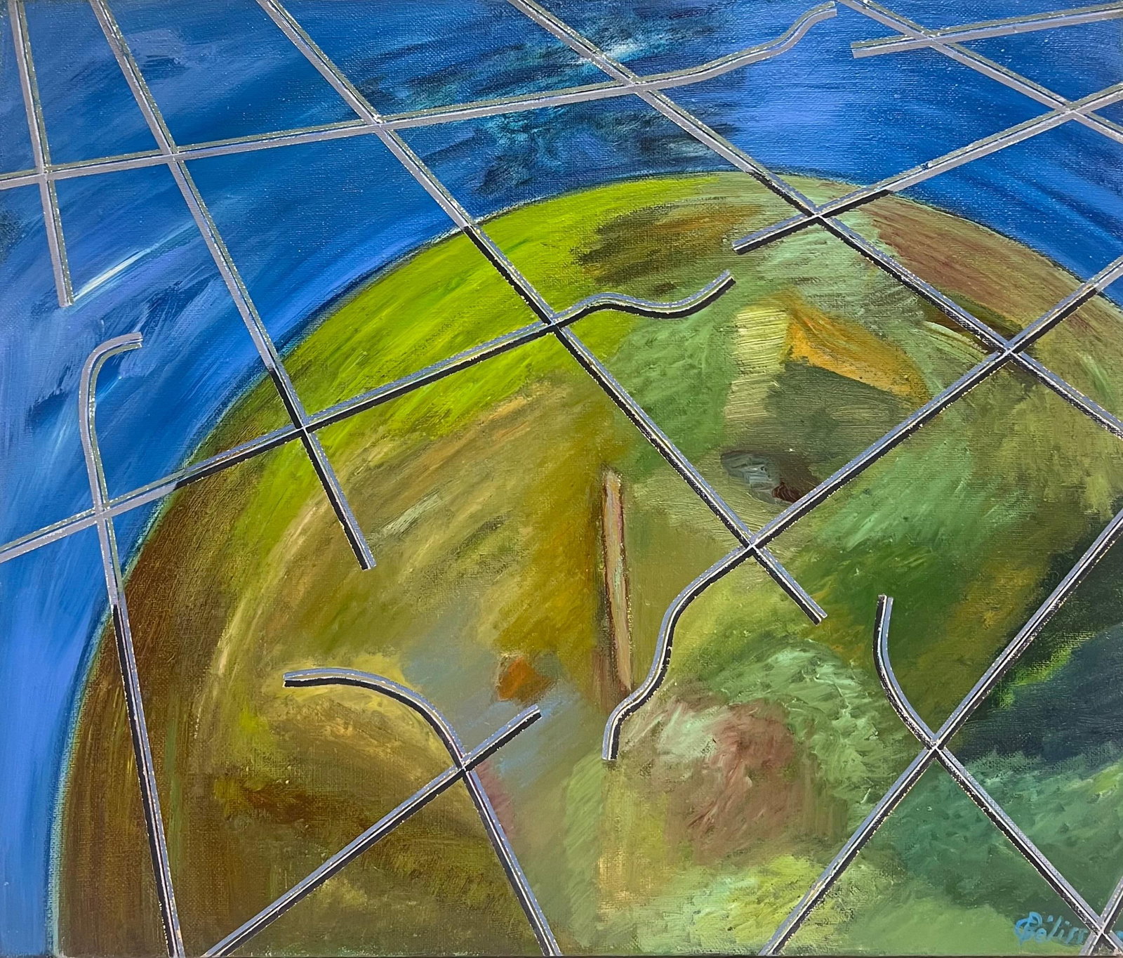 Gilbert Pelissier; Spherical Landscape by Geometric Lines Abstract French 20th Century Painting,: Title: Gilbert Pelissier; Spherical Landscape by Geometric Lines Abstract French 20th Century Painting, 1986 Description: Sunlit Field Landscape dated 1994 signed by Georges Bordonave (French contempo