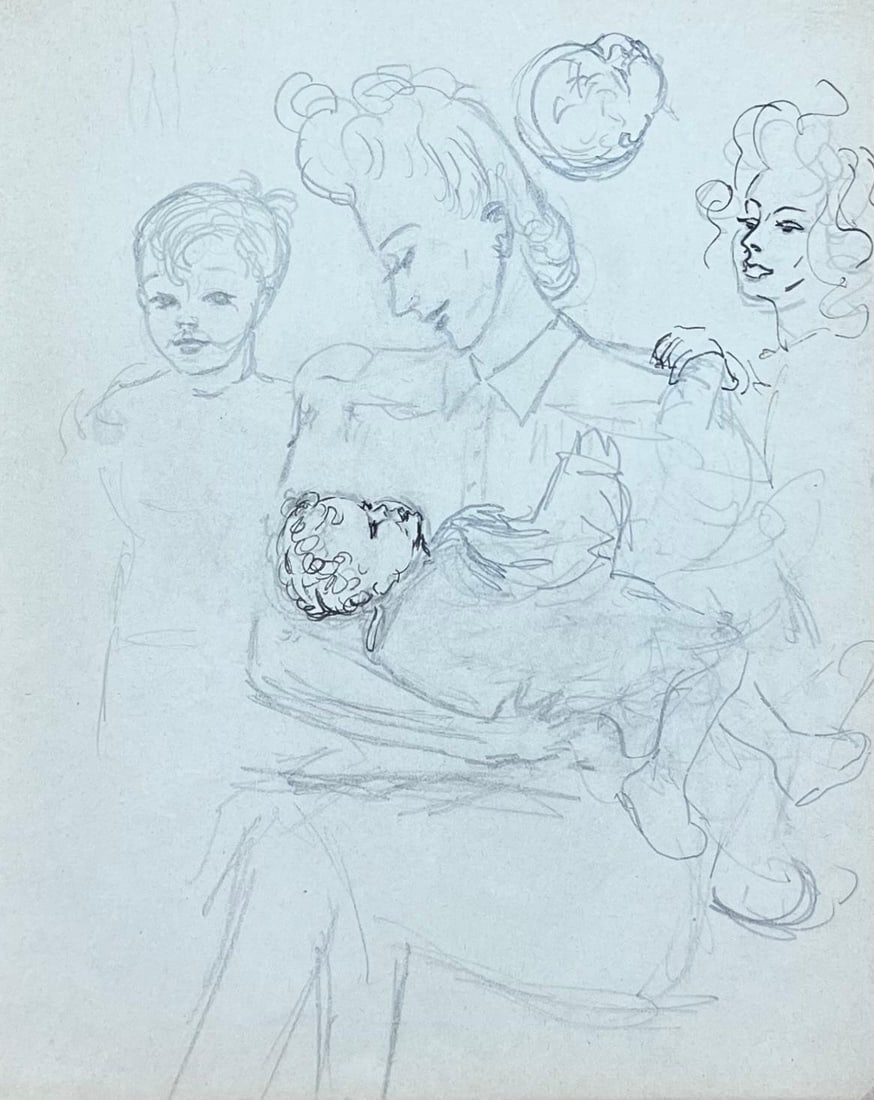 Josine Vignon; Mid Century French Mother Holding Her Baby with Her Children Pencil Sketch, 1944 - 2