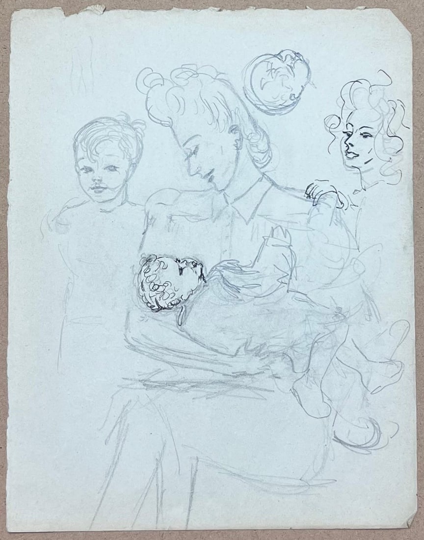 Josine Vignon; Mid Century French Mother Holding Her Baby with Her Children Pencil Sketch, 1944 - 3