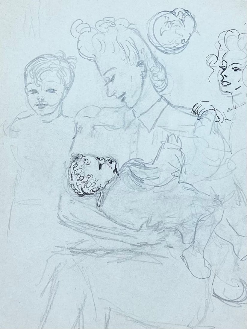 Josine Vignon; Mid Century French Mother Holding Her Baby with Her Children Pencil Sketch, 1944 - 4
