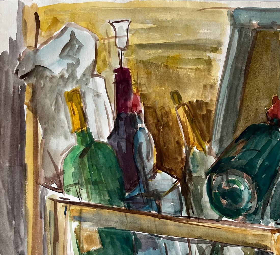 Guy Nicod; French Modernist Still Life With Wine Bottles Glasses And Wooden Crate - 14