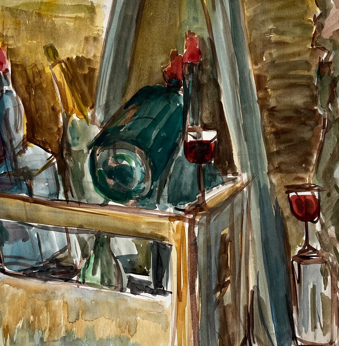 Guy Nicod; French Modernist Still Life With Wine Bottles Glasses And Wooden Crate - 2