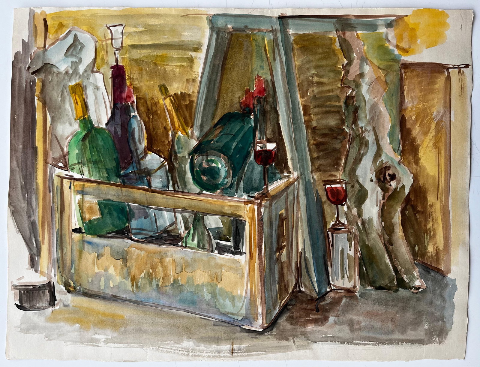 Guy Nicod; French Modernist Still Life With Wine Bottles Glasses And Wooden Crate - 5