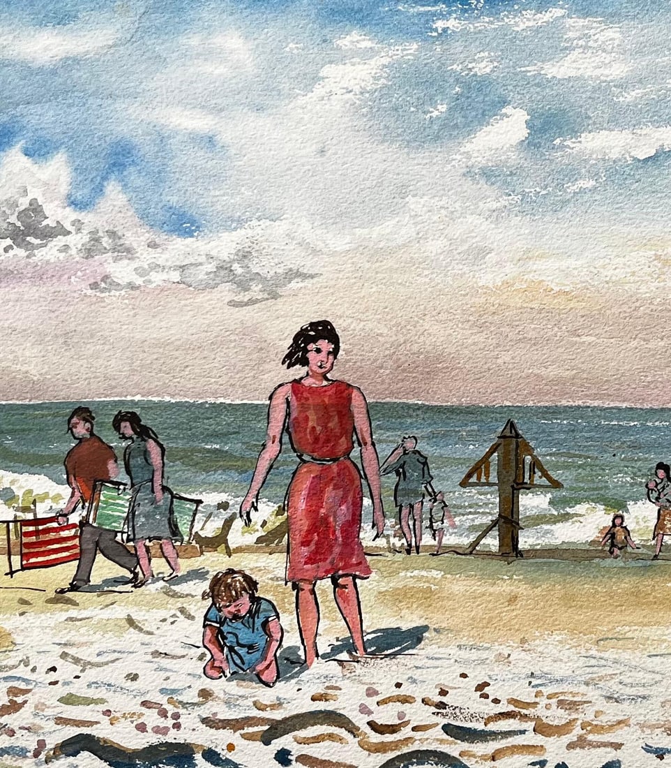 John Steane (b.1931); Dorset Beach Scene with Families Sea and Sky by British Artist John Steane - 2
