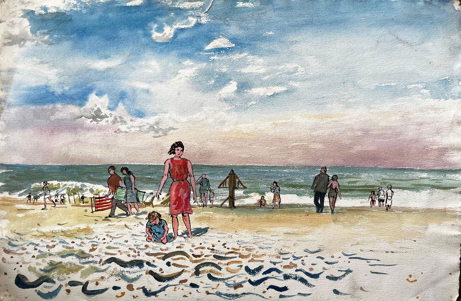 John Steane (b.1931); Dorset Beach Scene with Families Sea and Sky by British Artist John Steane - 4