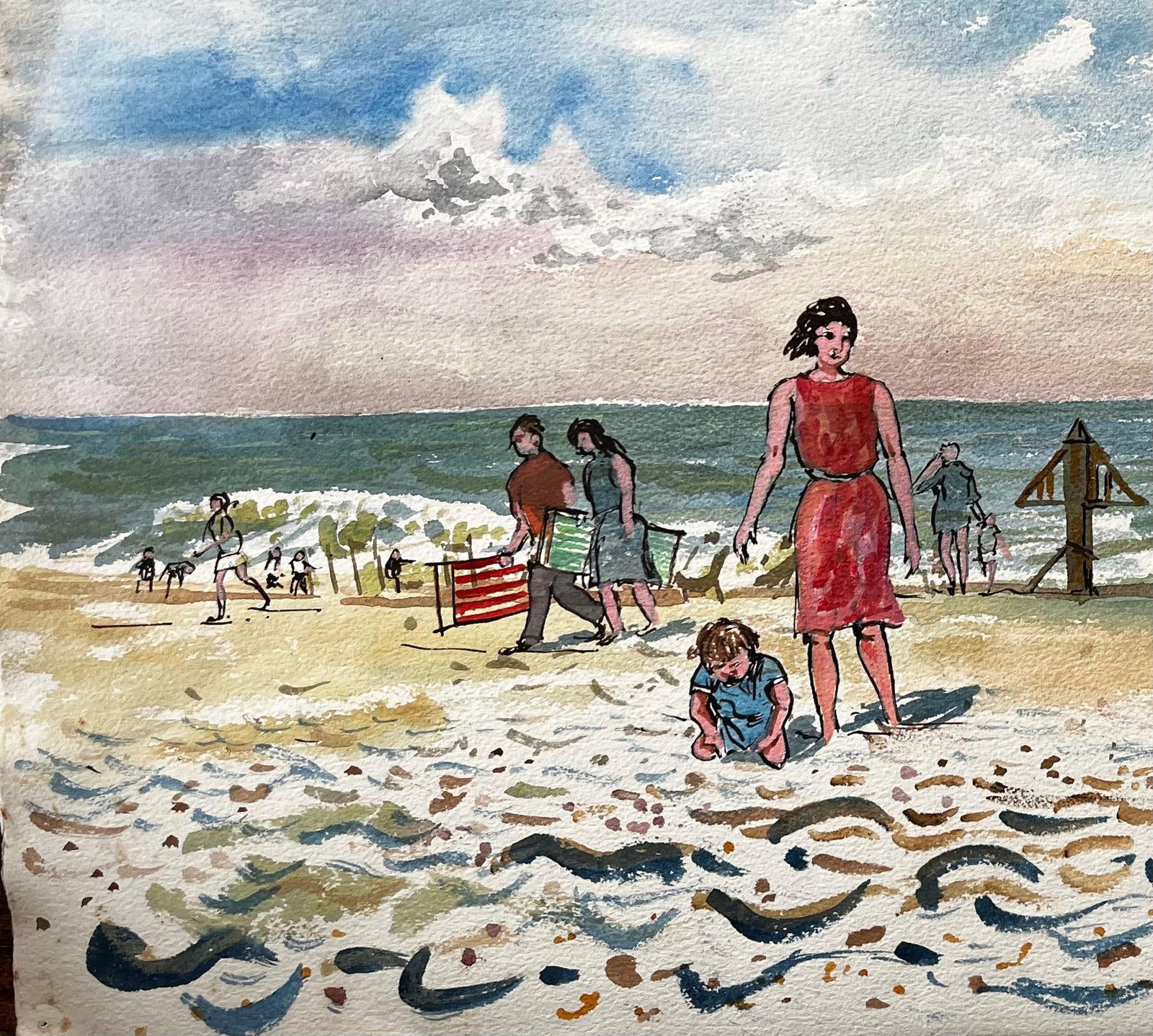 John Steane (b.1931); Dorset Beach Scene with Families Sea and Sky by British Artist John Steane - 6