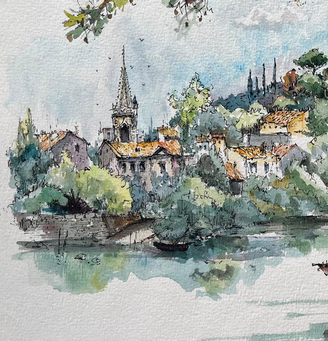 Robert Lepine (1929 - 2017); French Watercolor of Châteauneuf-du-Pape and Rhône River with - 16