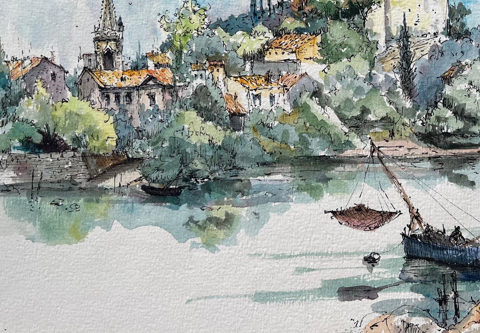 Robert Lepine (1929 - 2017); French Watercolor of Châteauneuf-du-Pape and Rhône River with - 19