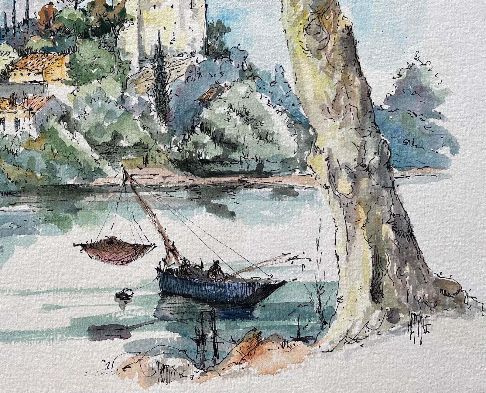 Robert Lepine (1929 - 2017); French Watercolor of Châteauneuf-du-Pape and Rhône River with - 4