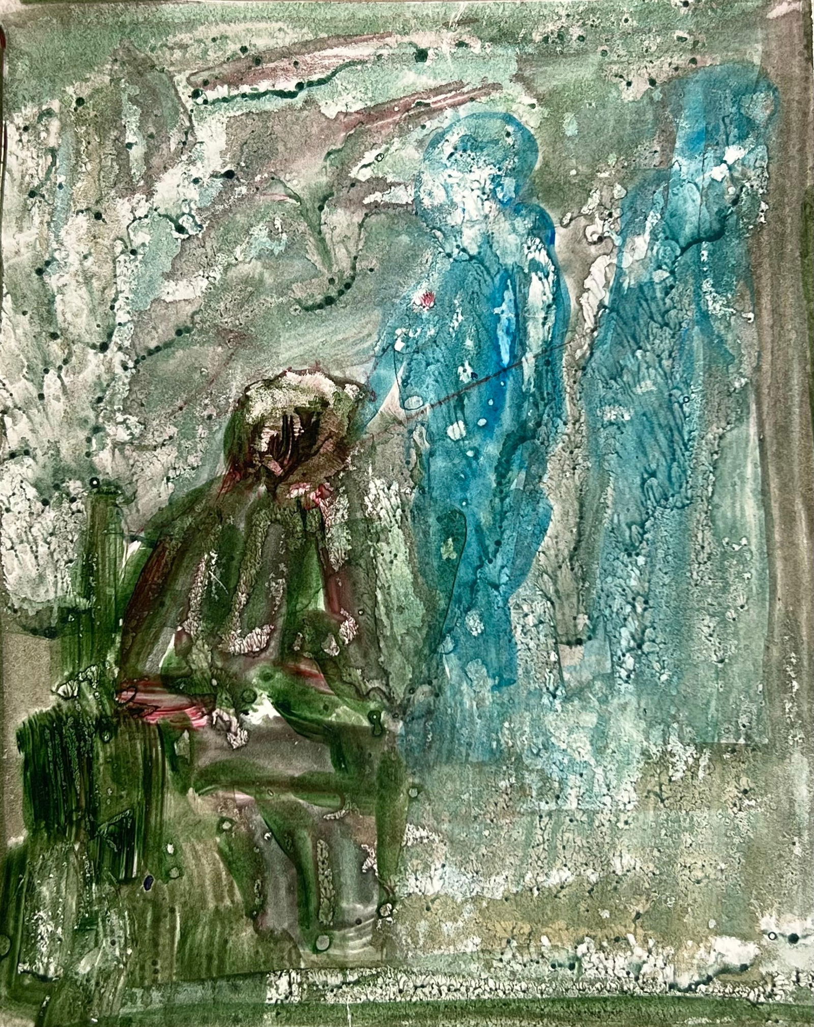 Robert Ladou; Figure Fly Fishing In Blurry Landscape Original French Artwork, 20th Century - 2