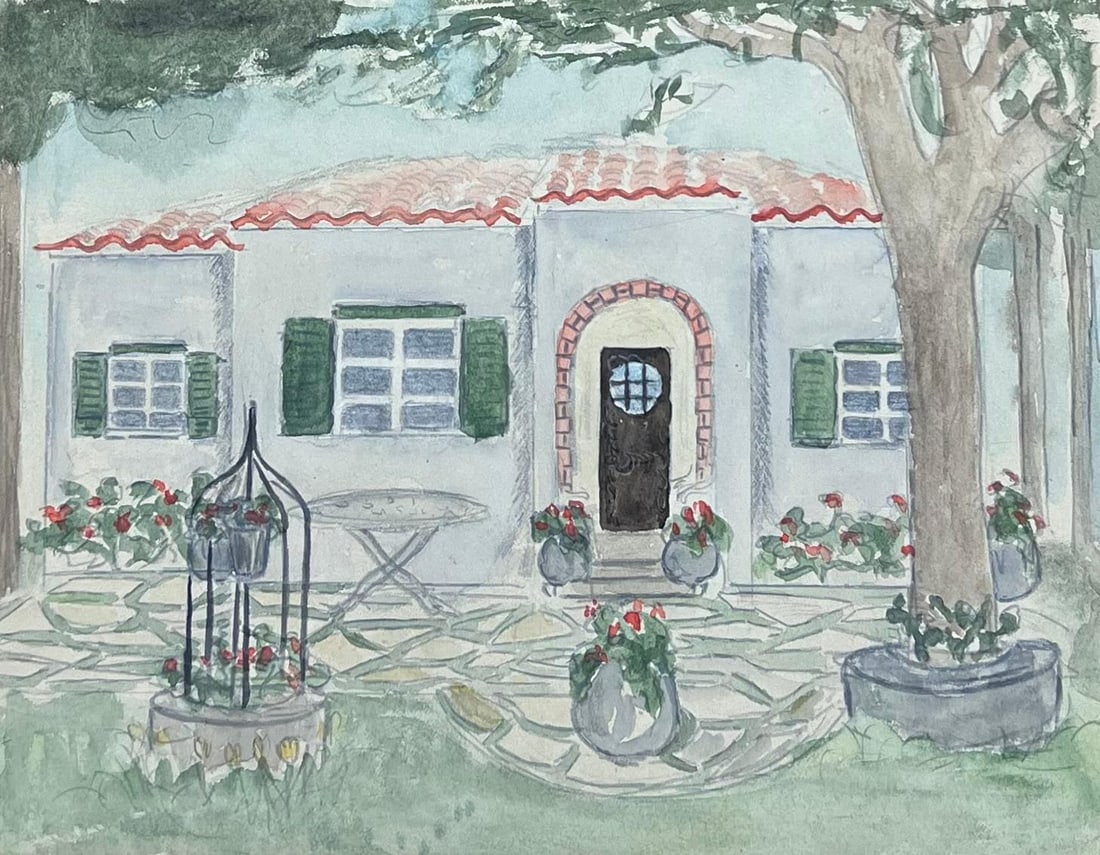 Josine Vignon; Sunlit Red Roof Charming Villa Retreat Mid Century French Watercolour, 1942 (1 of 5)