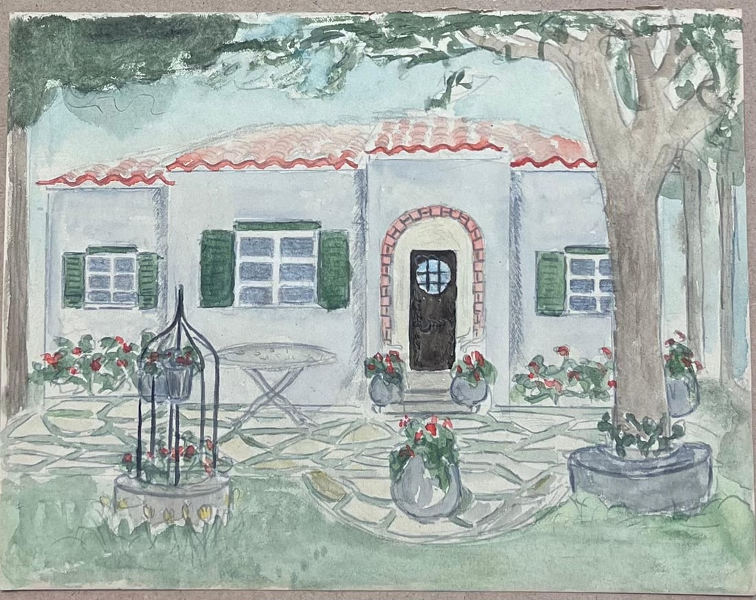 Josine Vignon; Sunlit Red Roof Charming Villa Retreat Mid Century French Watercolour, 1942 - 4