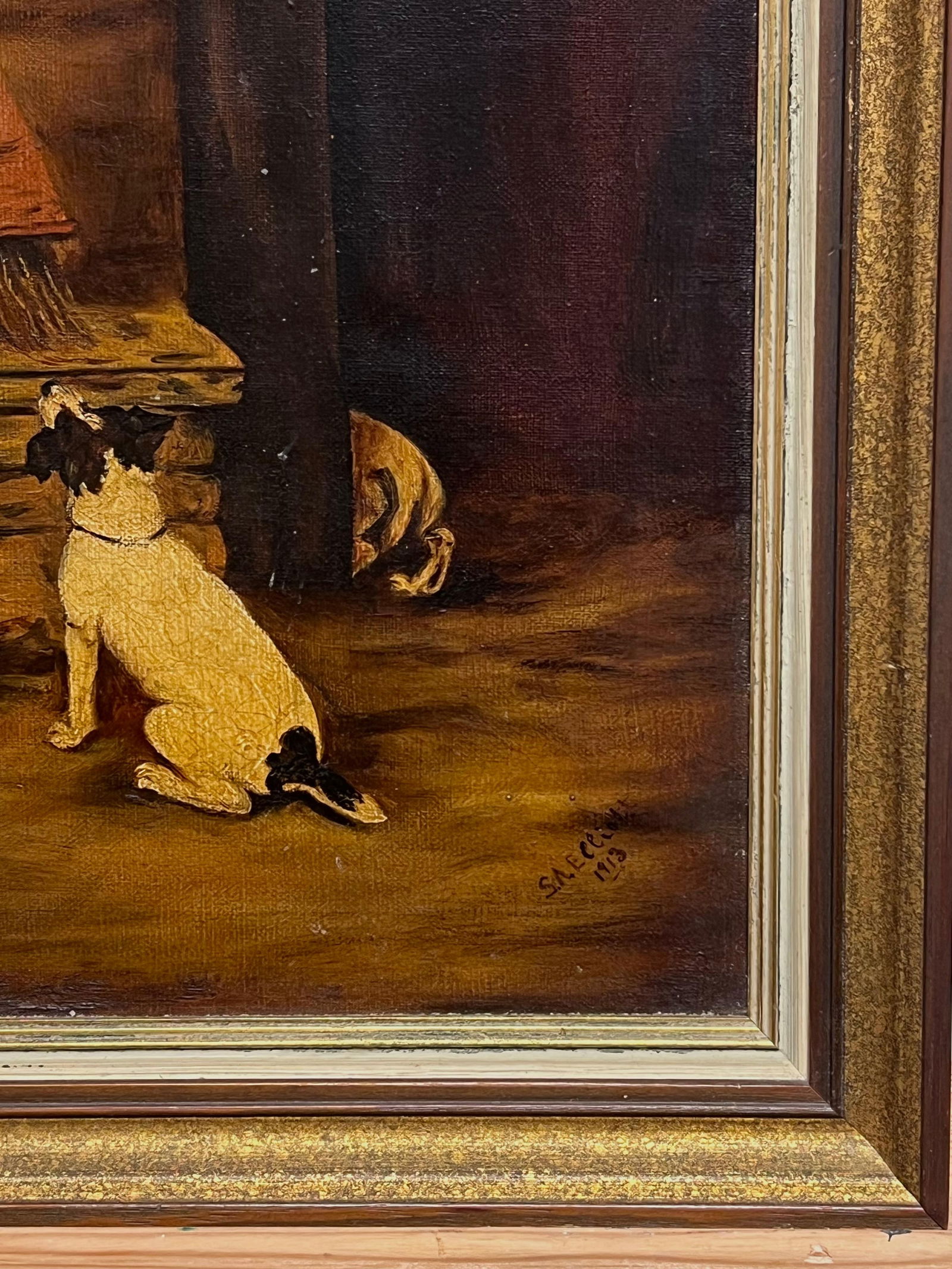 Antique English School; Jack Russell Terrier Dogs Barn Stable Interior Antique Signed English - 2