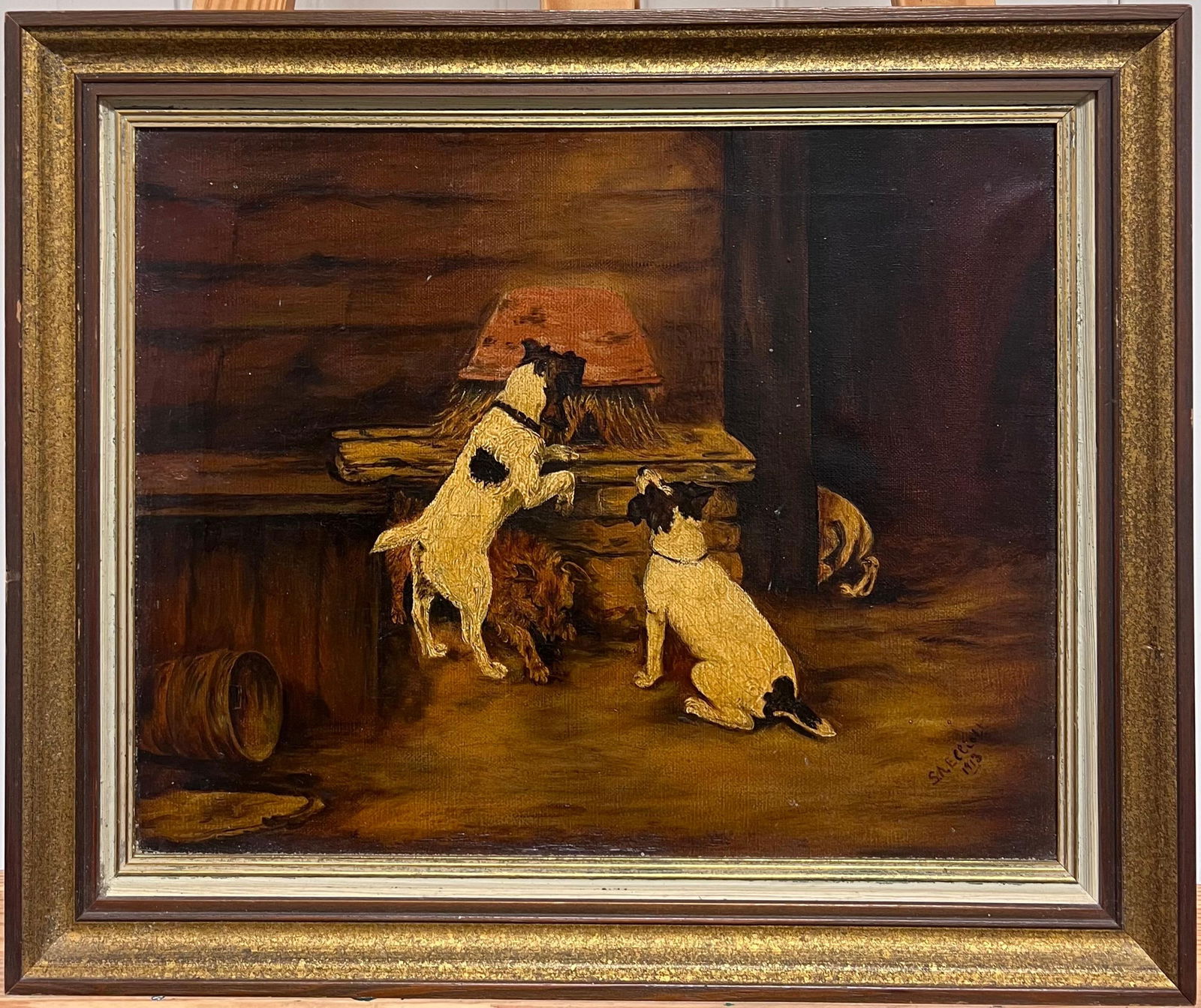 Antique English School; Jack Russell Terrier Dogs Barn Stable Interior Antique Signed English - 4