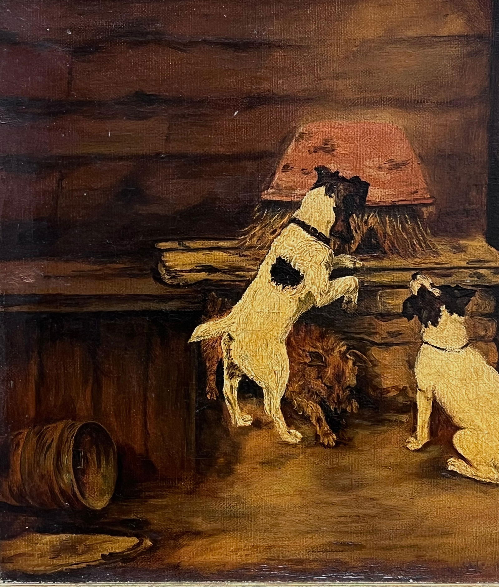 Antique English School; Jack Russell Terrier Dogs Barn Stable Interior Antique Signed English - 5