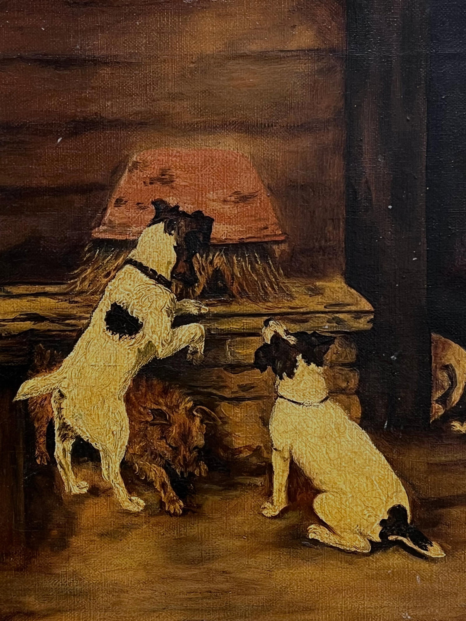 Antique English School; Jack Russell Terrier Dogs Barn Stable Interior Antique Signed English - 6
