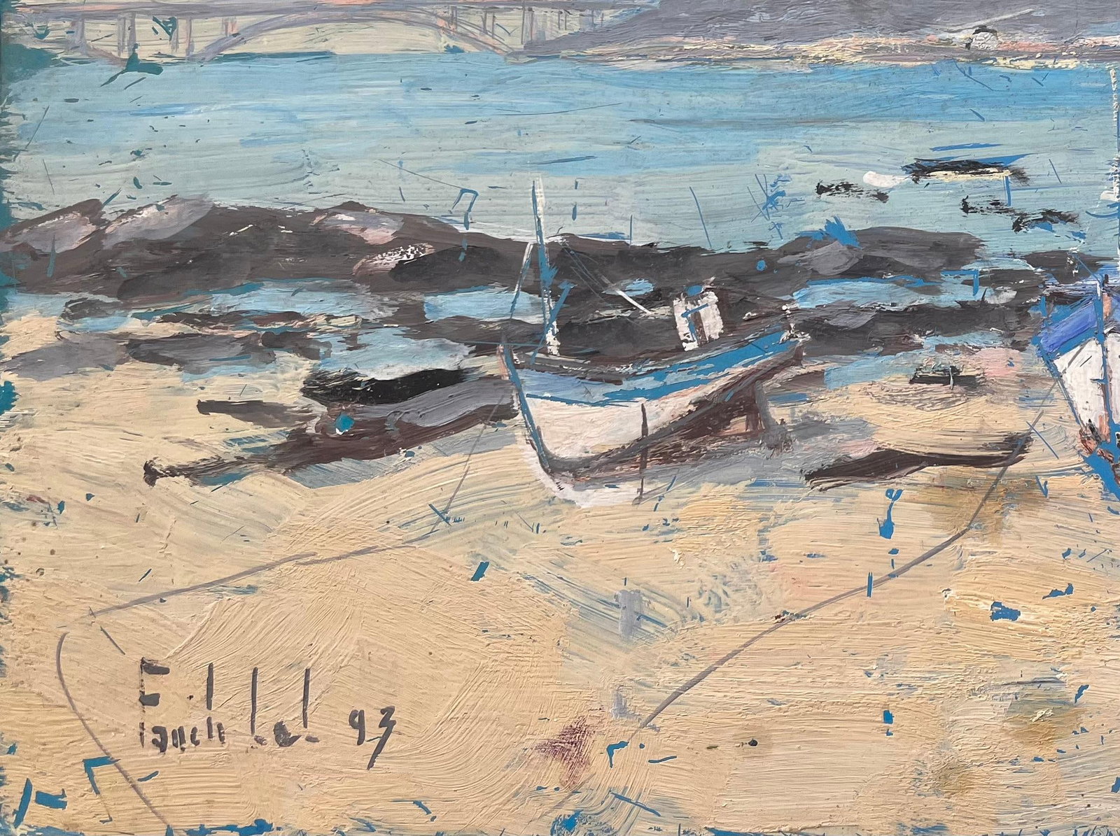 Fanch Lel; Impressionist Coastal Scene of Fishing Boats at Low Tide with Bridge View, 1993 - 8